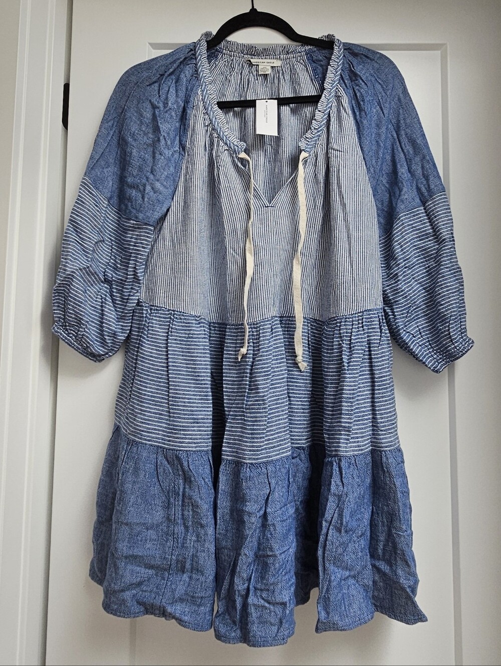 AMERICAN EAGLE Boho Blue Stripe Tunic Dress Tiered Linen Blend XXS NWT AE